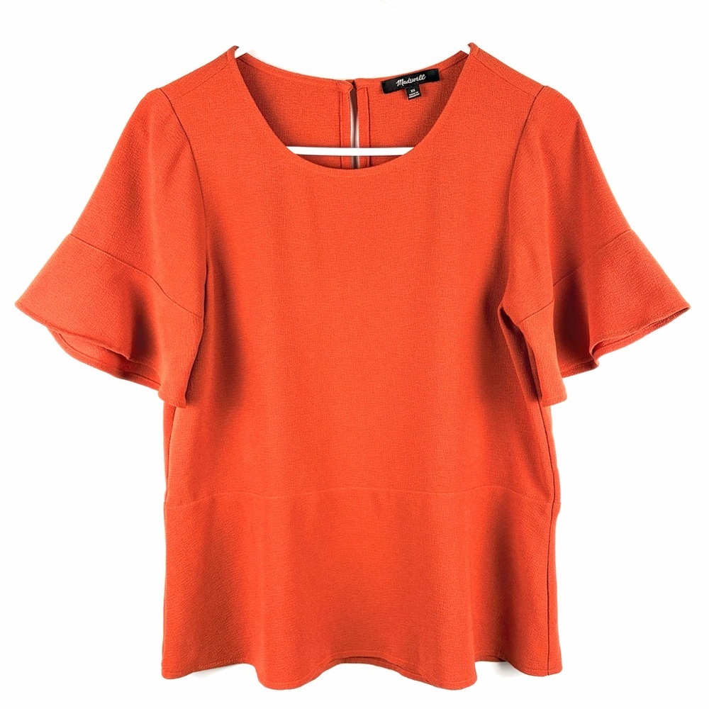 Madewell XS Orange Textured Flutter Sleeve Peplum Blouse Top - Picture 3 of 13
